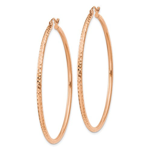 14K Rose Gold Diamond Cut Round Hoop Textured Earrings 50mm x 2mm