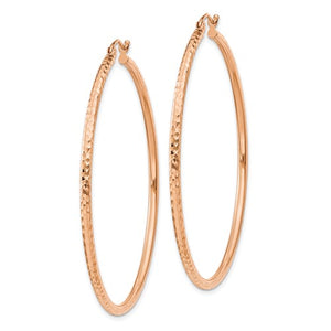 14K Rose Gold Diamond Cut Round Hoop Textured Earrings 50mm x 2mm