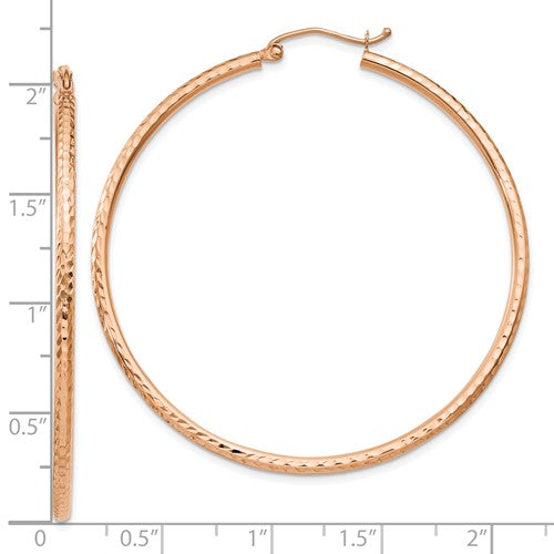 14K Rose Gold Diamond Cut Round Hoop Textured Earrings 50mm x 2mm