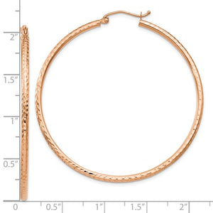 14K Rose Gold Diamond Cut Round Hoop Textured Earrings 50mm x 2mm