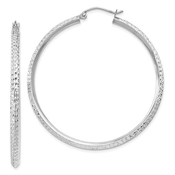 14K White Gold Diamond Cut Knife Edge Round Hoop Earrings 44mm x 2.5mm