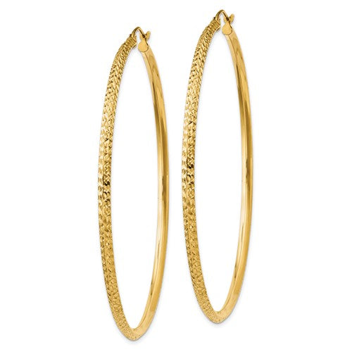 14K Yellow Gold Diamond Cut Knife Edge Round Hoop Earrings 68mm x 2.5mm