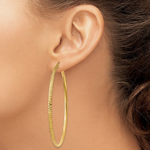 14K Yellow Gold Diamond Cut Knife Edge Round Hoop Earrings 68mm x 2.5mm