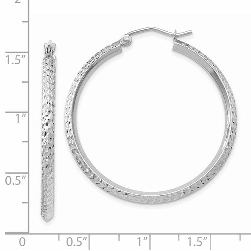 14K White Gold Diamond Cut Knife Edge Round Hoop Earrings 35mm x 2.5mm