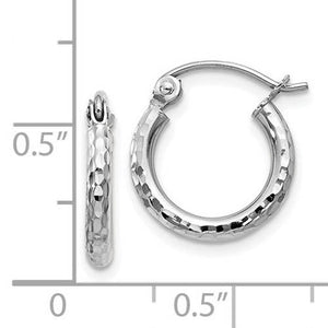 14K White Gold Diamond Cut Round Hoop Textured Earrings 12mm x 2mm