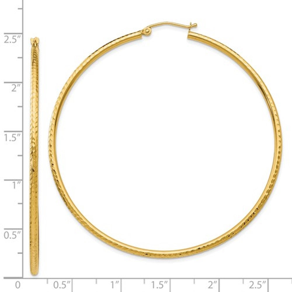 14k Yellow Gold Diamond Cut Round Hoop Earrings 60mm x 2mm