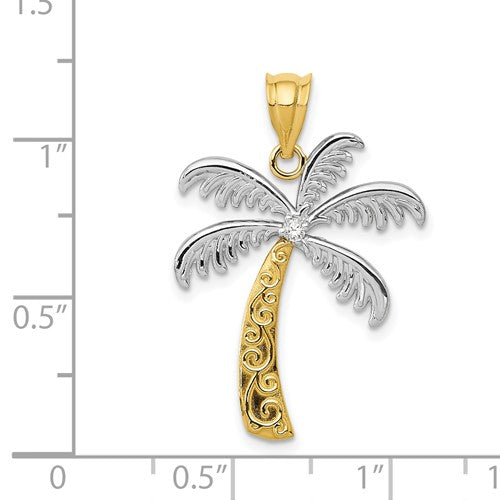 14K Yellow Gold and Rhodium Two Tone Diamond Palm Tree Pendant Charm