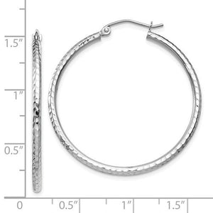 14K White Gold Diamond Cut Round Hoop Textured Earrings 35mm x 2mm