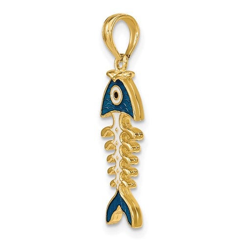 14k Yellow Gold Enamel Blue Fish Bone 3D Pendant Charm