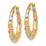 Kép betöltése a galériamegjelenítőbe: 14k Yellow Rose Gold and Rhodium Tri Color Scalloped Twisted Round Hoop Earrings
