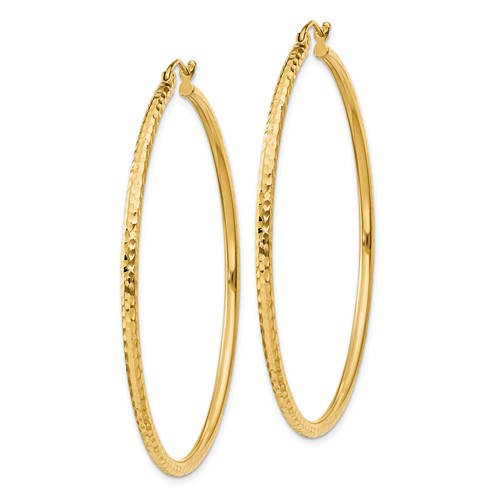 14K Yellow Gold Diamond Cut Round Hoop Textured Earrings 50mm x 2mm