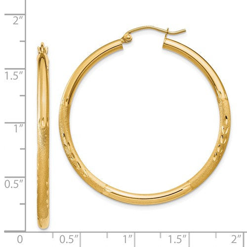 14K Yellow Gold Satin Diamond Cut Classic Round Hoop Earrings 40mm x 2.5mm