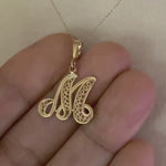 Load and play video in Gallery viewer, 14K Yellow Gold Initial Letter M Cursive Script Alphabet Filigree Pendant Charm
