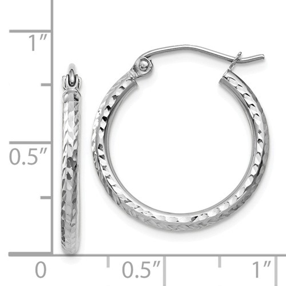 14K White Gold Diamond Cut Round Hoop Textured Earrings 20mm x 2mm