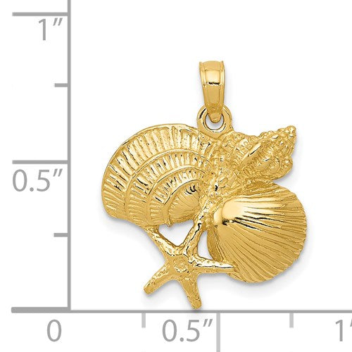 14k Yellow Gold Shell Seashell Starfish Cluster Pendant Charm