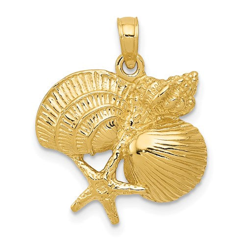 14k Yellow Gold Shell Seashell Starfish Cluster Pendant Charm