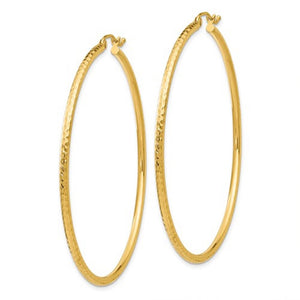 14K Yellow Gold Diamond Cut Round Hoop Textured Earrings 55mm x 2mm