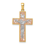 이미지를 갤러리 뷰어에 로드 , 14k Yellow Rose Gold Rhodium Tri Color Cross Crucifix Pendant Charm

