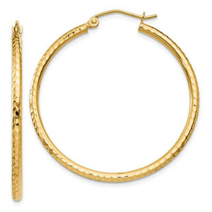 14K Yellow Gold Diamond Cut Round Hoop Textured Earrings 35mm x 2mm
