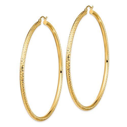 14K Yellow Gold Extra Large Diamond Cut Classic Round Hoop Earrings 73mm x 3mm
