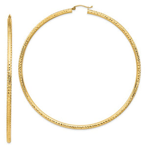 14K Yellow Gold Extra Large Diamond Cut Classic Round Hoop Earrings 87mm x 3mm