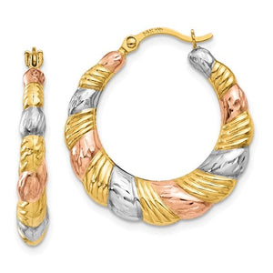14k Yellow Rose Gold and Rhodium Tri Color Scalloped Twisted Round Hoop Earrings