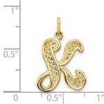 Lataa kuva Galleria-katseluun, 14K Yellow Gold Initial Letter K Cursive Script Alphabet Filigree Pendant Charm
