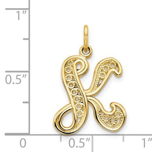 14K Yellow Gold Initial Letter K Cursive Script Alphabet Filigree Pendant Charm