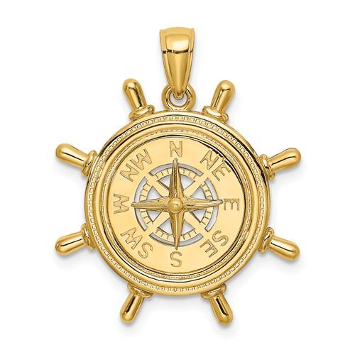 14k Yellow Gold Ship Wheel Nautical Compass Medallion Pendant Charm