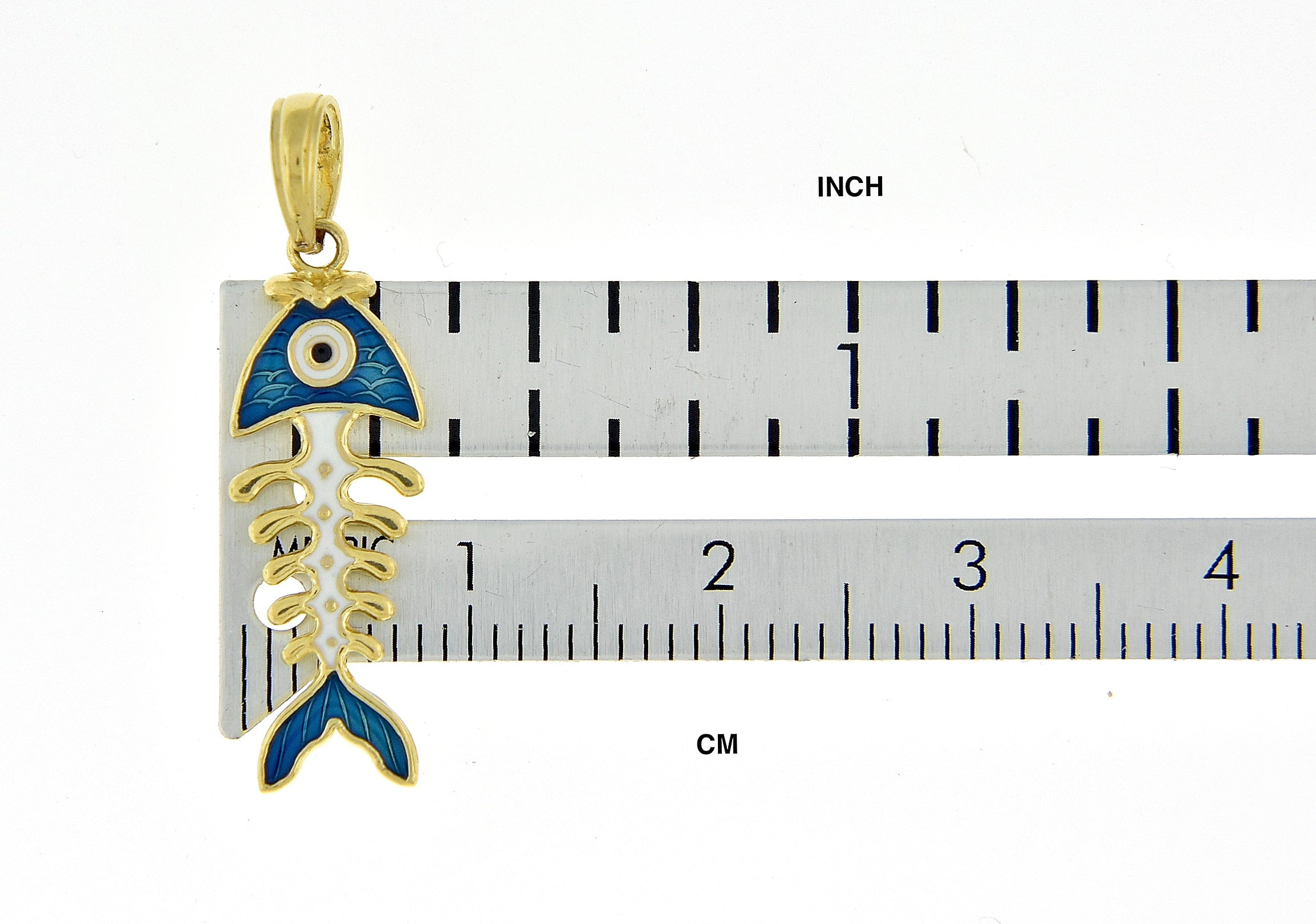 14k Yellow Gold Enamel Blue Fish Bone 3D Pendant Charm