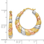 Indlæs billede til gallerivisning 14k Yellow Rose Gold and Rhodium Tri Color Scalloped Twisted Round Hoop Earrings
