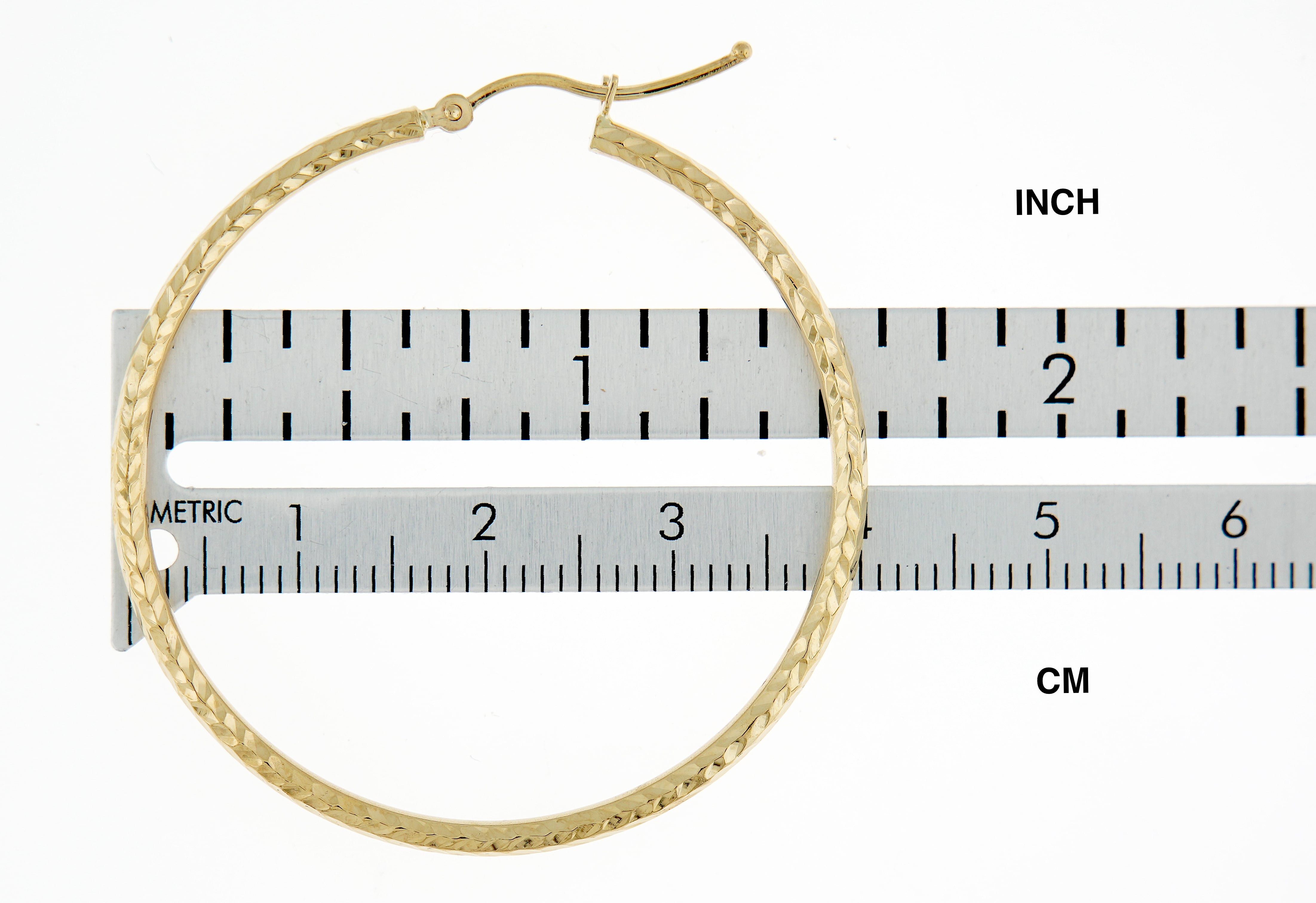 14K Yellow Gold Diamond Cut Round Hoop Textured Earrings 40mm x 2mm