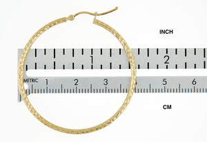 14K Yellow Gold Diamond Cut Round Hoop Textured Earrings 40mm x 2mm