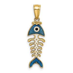 14k Yellow Gold Enamel Blue Fish Bone 3D Pendant Charm