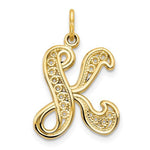Load image into Gallery viewer, 14K Yellow Gold Initial Letter K Cursive Script Alphabet Filigree Pendant Charm
