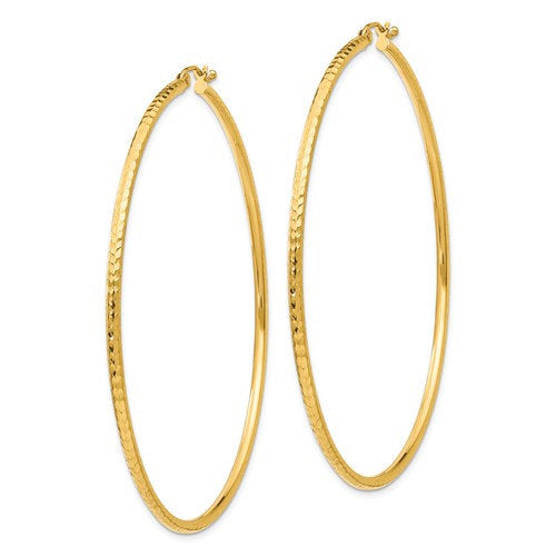 14K Yellow Gold Diamond Cut Round Hoop Textured Earrings 65mm x 2mm