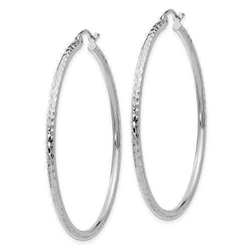 14K White Gold Diamond Cut Round Hoop Textured Earrings 45mm x 2mm