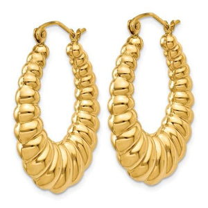 14K Yellow Gold Shrimp Scalloped Twisted Hoop Earrings