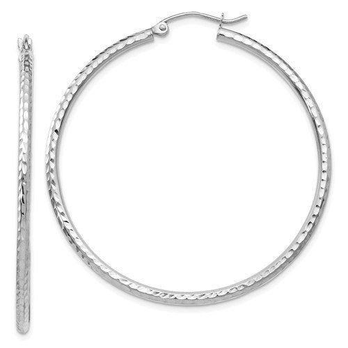 14K White Gold Diamond Cut Round Hoop Textured Earrings 45mm x 2mm