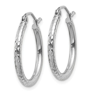 14K White Gold Diamond Cut Round Hoop Textured Earrings 20mm x 2mm