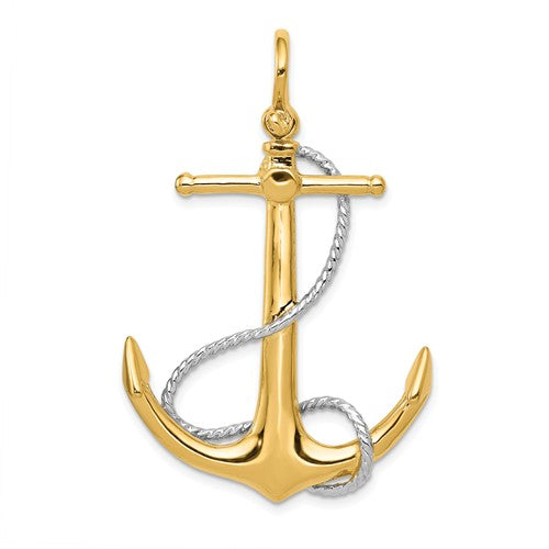 14k Yellow 14k White Gold Two Tone Anchor Rope 3D Large Pendant Charm