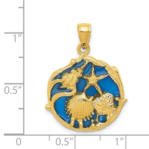 14k Yellow Gold Blue Enamel Sand Dollar Starfish Scallop Clam Conch Shell Pendant Charm