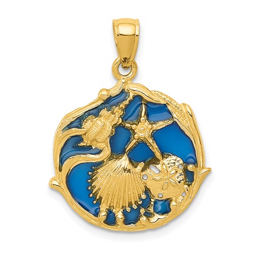 14k Yellow Gold Blue Enamel Sand Dollar Starfish Scallop Clam Conch Shell Pendant Charm