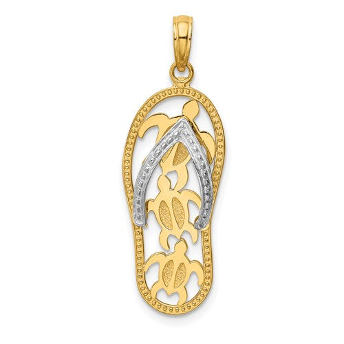 14k Yellow White Gold Flip Flop Slipper Sandal Turtles Pendant Charm