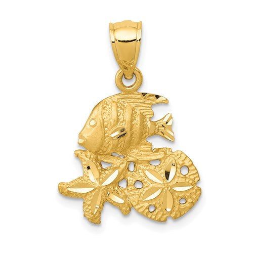 14k Yellow Gold Sand Dollar Starfish Fish Pendant Charm