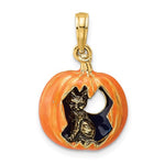Ladda upp bild till gallerivisning, 14k Yellow Gold Enamel Pumpkin Halloween Jack O Lantern Cat Pendant Charm
