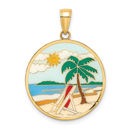 14k Yellow Gold Enamel Beach Chair Palm Tree Sun Water Clouds Pendant Charm