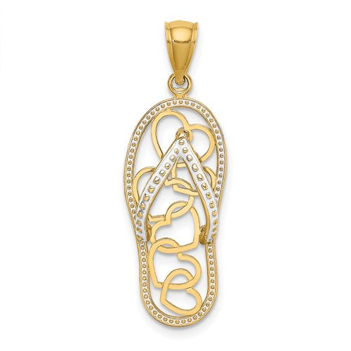 14k Yellow Gold Enamel Flip Flop Slipper Sandal Hearts Pendant Charm