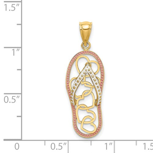 14k Yellow Gold Flip Flop Slipper Sandal Hearts Pendant Charm