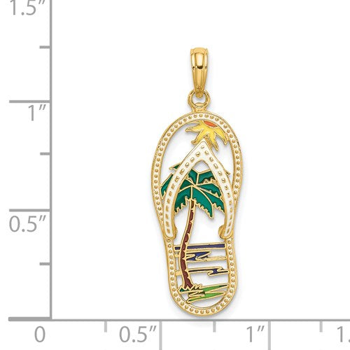 14k Yellow Gold Flip Flop Slipper Sandal Palm Tree Island Pendant Charm